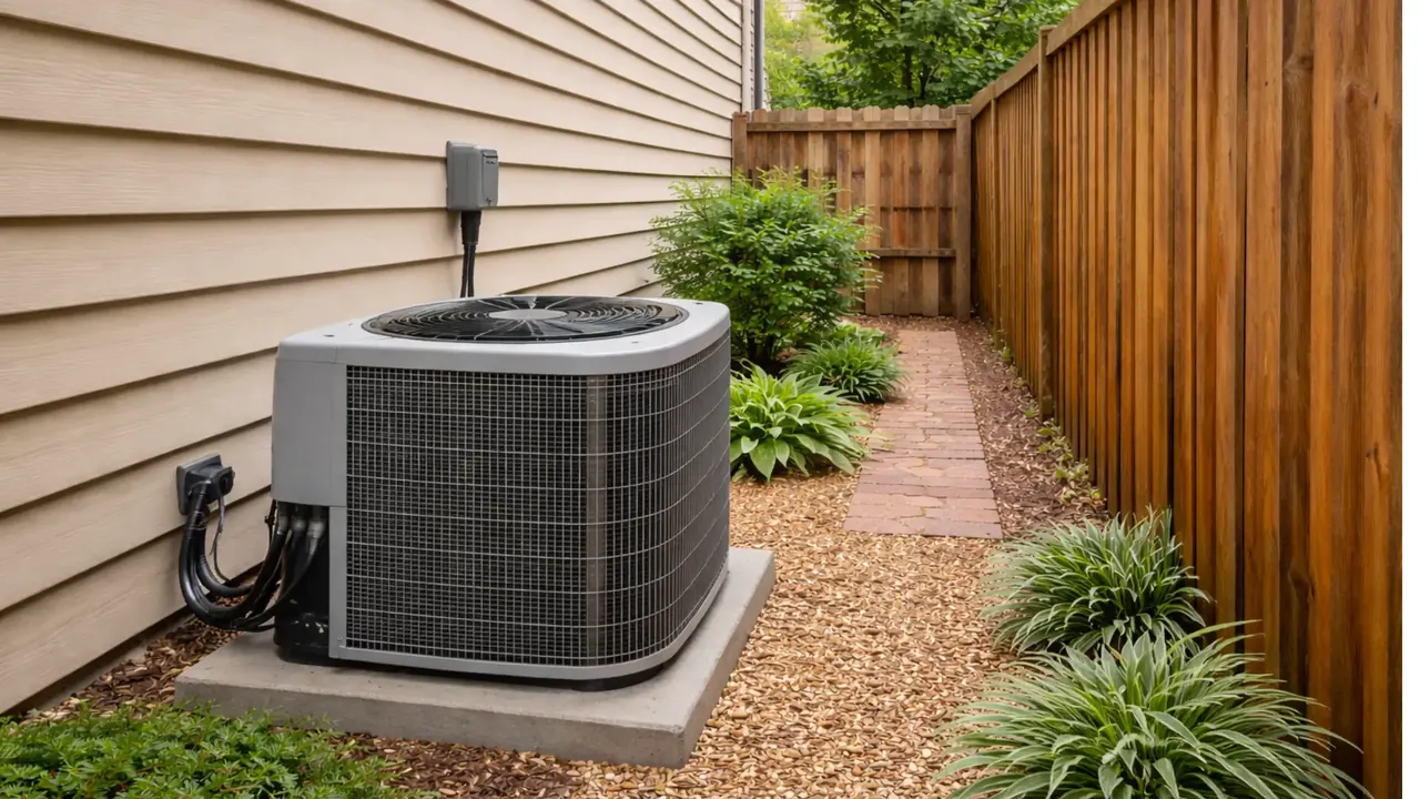 New residential air conditioning condenser unit installed by American Comfort Heating & Air in Lincoln, CA